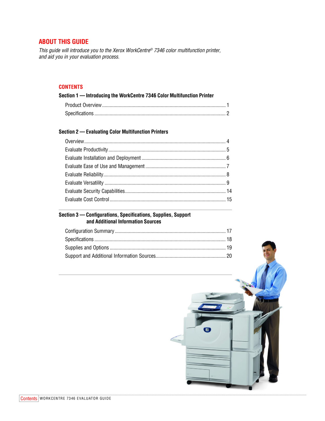 Xerox 7346 manual About this Guide, Contents, Evaluating Color Multifunction Printers, and Additional Information Sources 