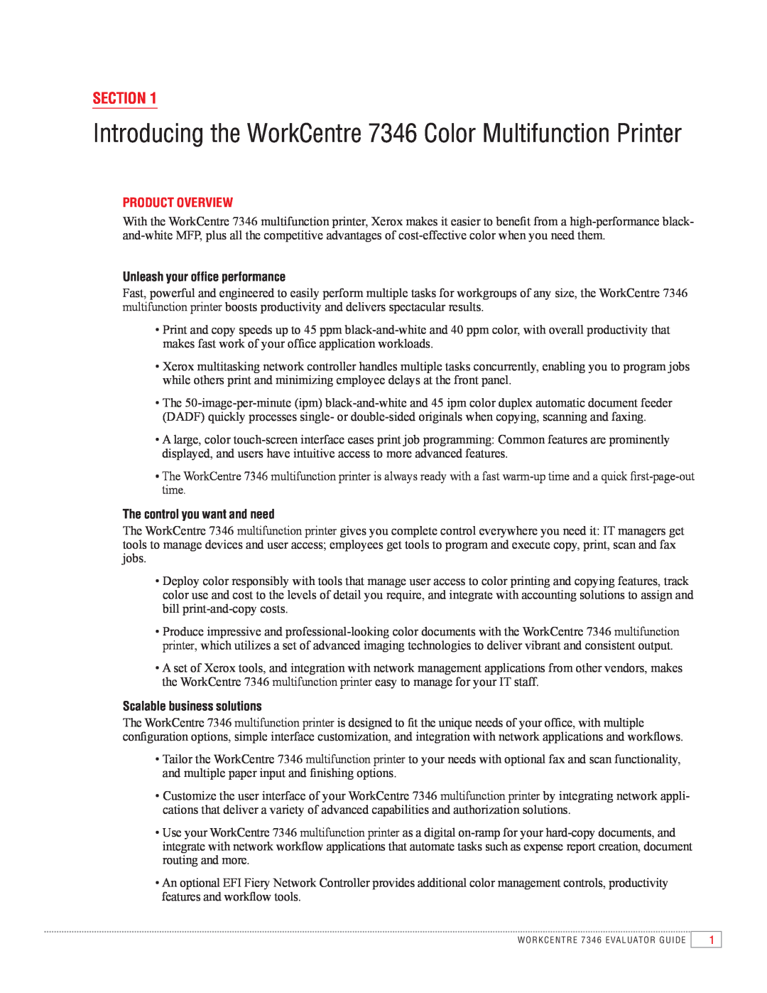 Xerox manual Section, Introducing the WorkCentre 7346 Color Multifunction Printer, Product Overview 