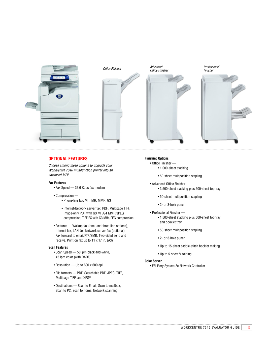 Xerox 7346 manual Optional Features, Fax Features, Scan Features, Finishing Options, Color Server 