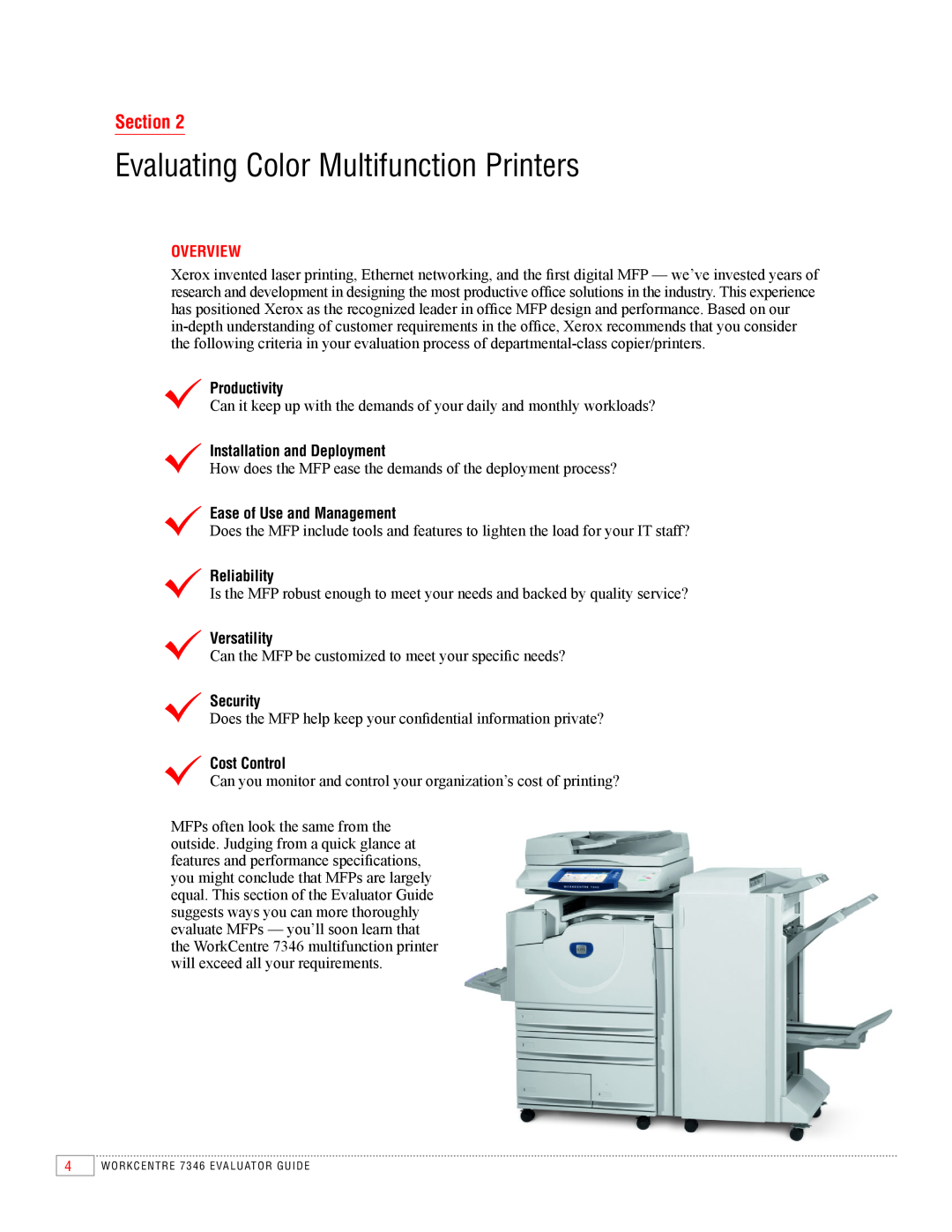 Xerox 7346 Evaluating Color Multifunction Printers, Section, Overview, Productivity, Installation and Deployment, Security 