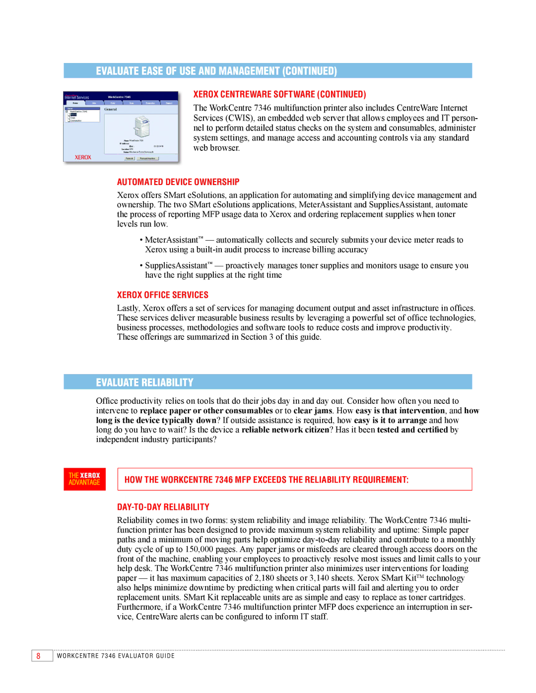 Xerox 7346 manual Evaluate Reliability, AuTOMATEd dEvICE OWNErShIP, XErOX Office SErvICES 