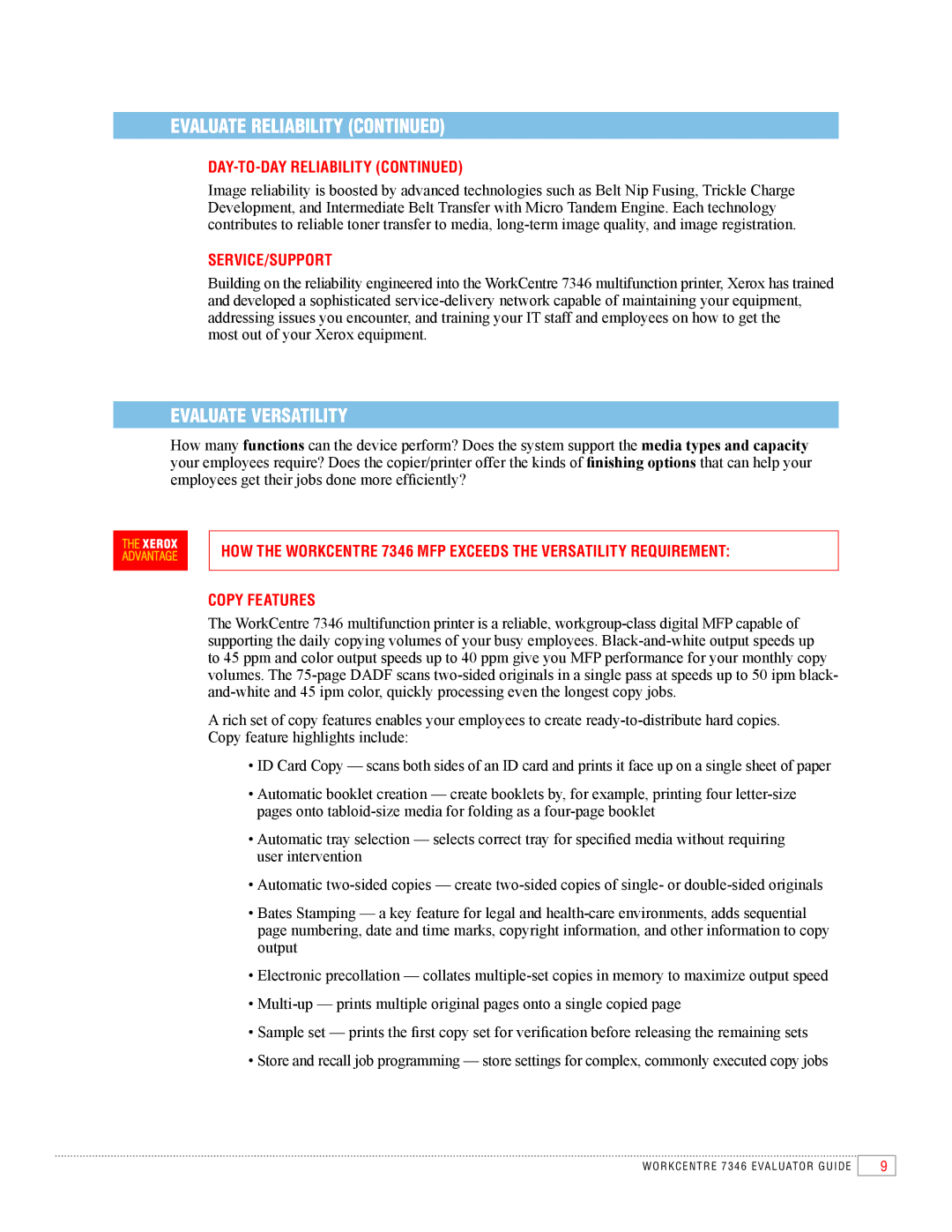 Xerox 7346 manual Evaluate Versatility, Service/Support, Copy Features 