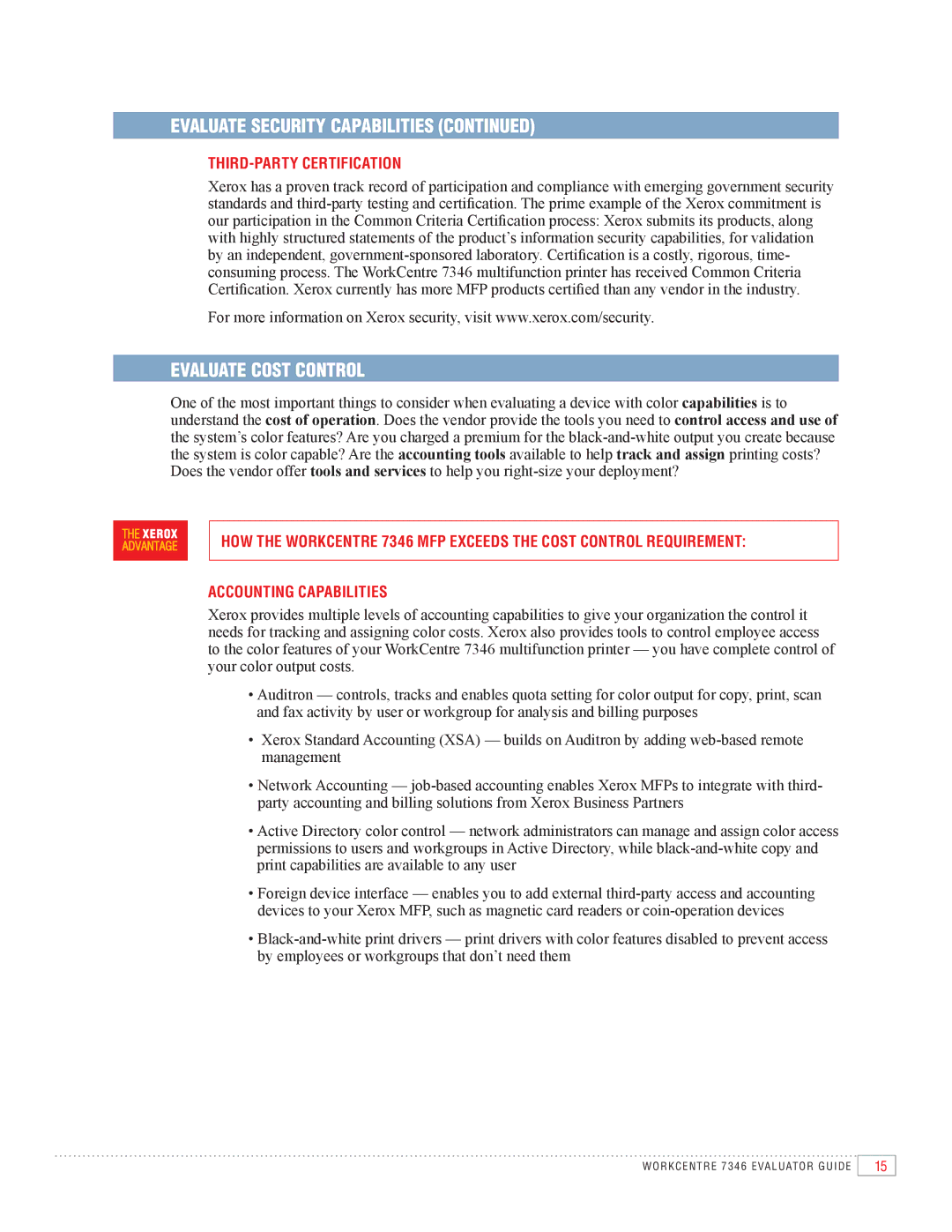 Xerox 7346 manual Evaluate Cost Control, Third-Party Certification, Accounting Capabilities 