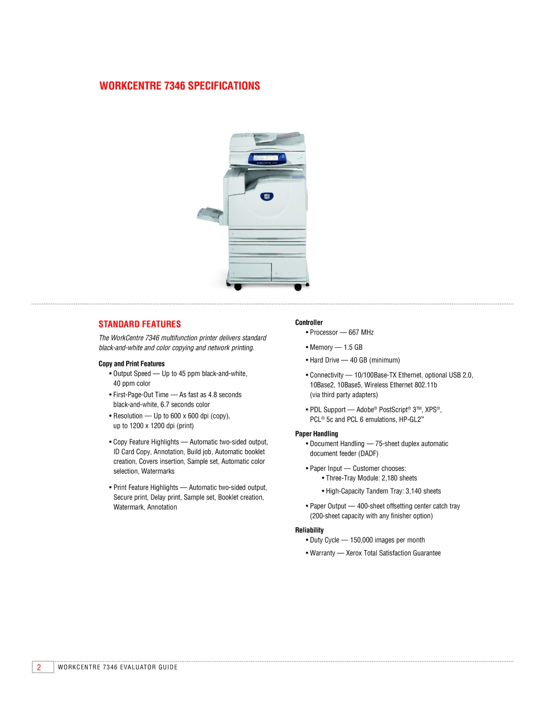 Xerox manual Workcentre 7346 Specifications, Standard Features 