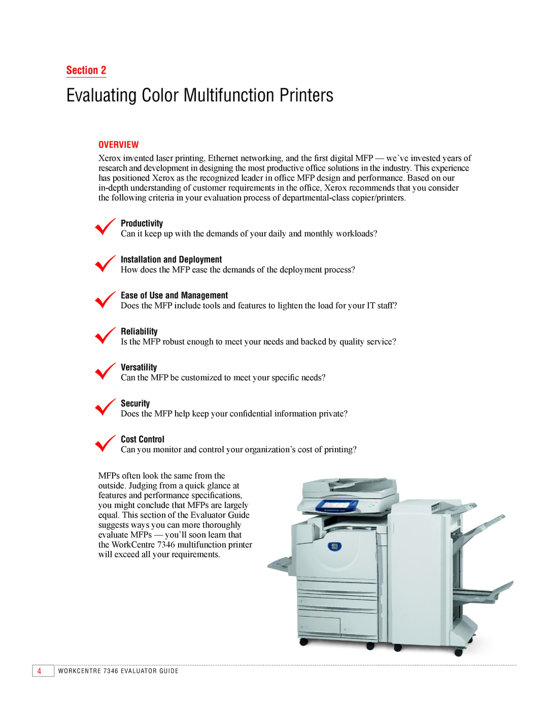 Xerox 7346 manual Evaluating Color Multifunction Printers, Overview 