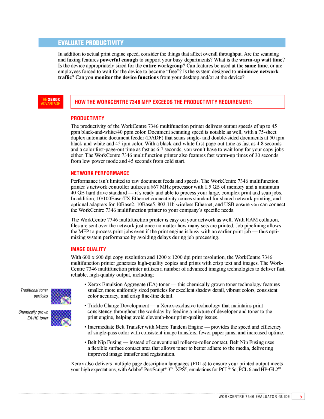 Xerox 7346 manual Evaluate Productivity, Network Performance, Image Quality 