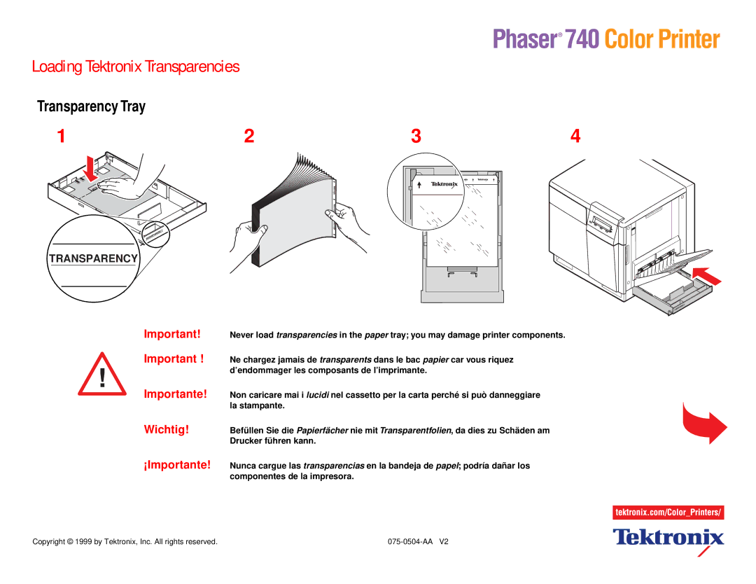 Xerox 740 manual Loading Tektronix Transparencies, Transparency Tray, Important! Important Importante Wichtig ¡Importante 