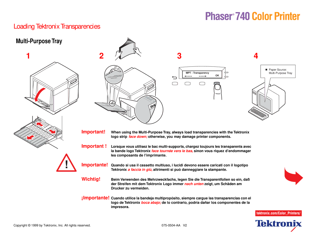 Xerox 740 manual Multi-Purpose Tray, Importante Wichtig 