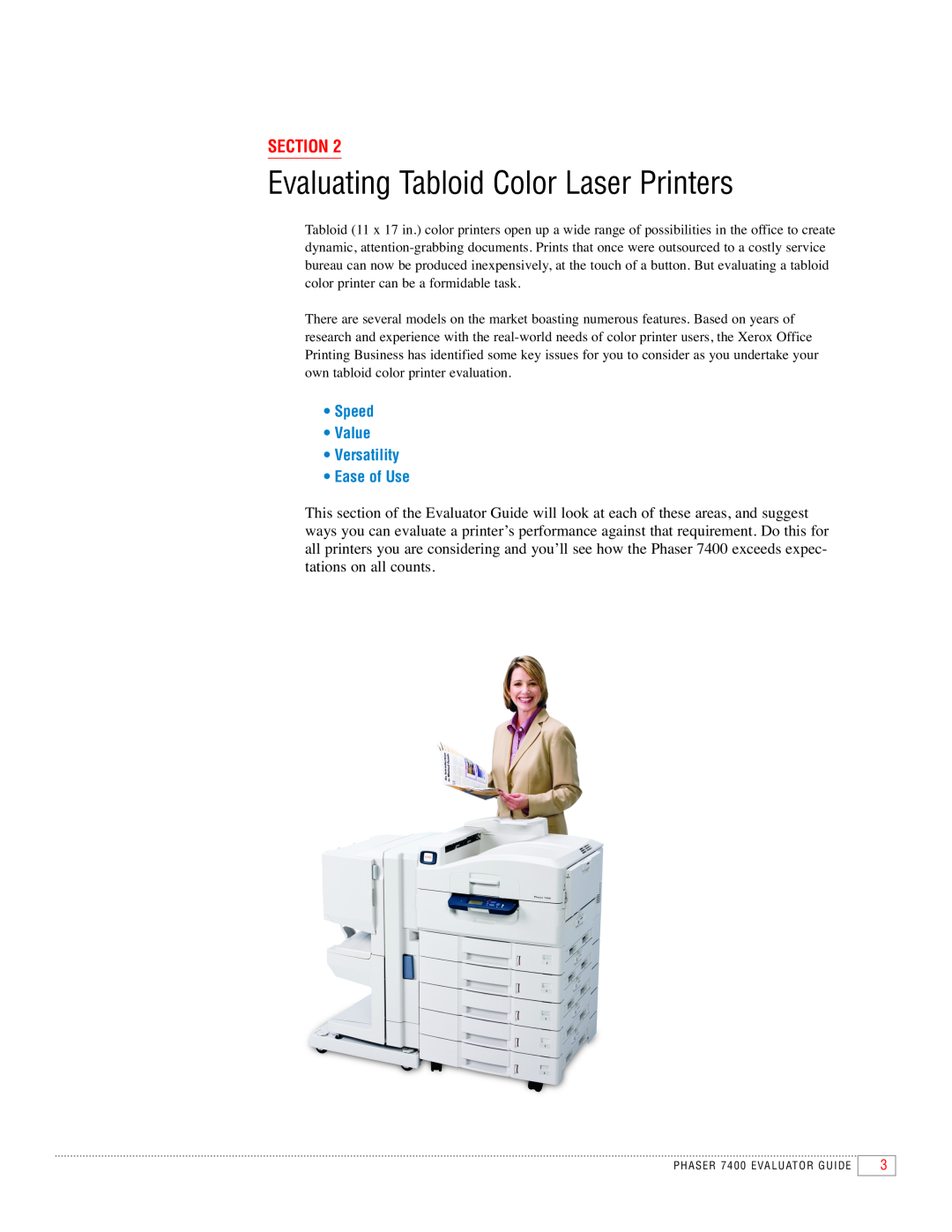 Xerox 7400 manual Evaluating Tabloid Color Laser Printers, Section, Speed Value Versatility Ease of Use 