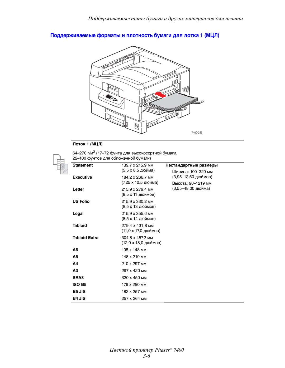 Xerox 7400 manual Поддерживаемые форматы и плотность бумаги для лотка 1 МЦЛ 