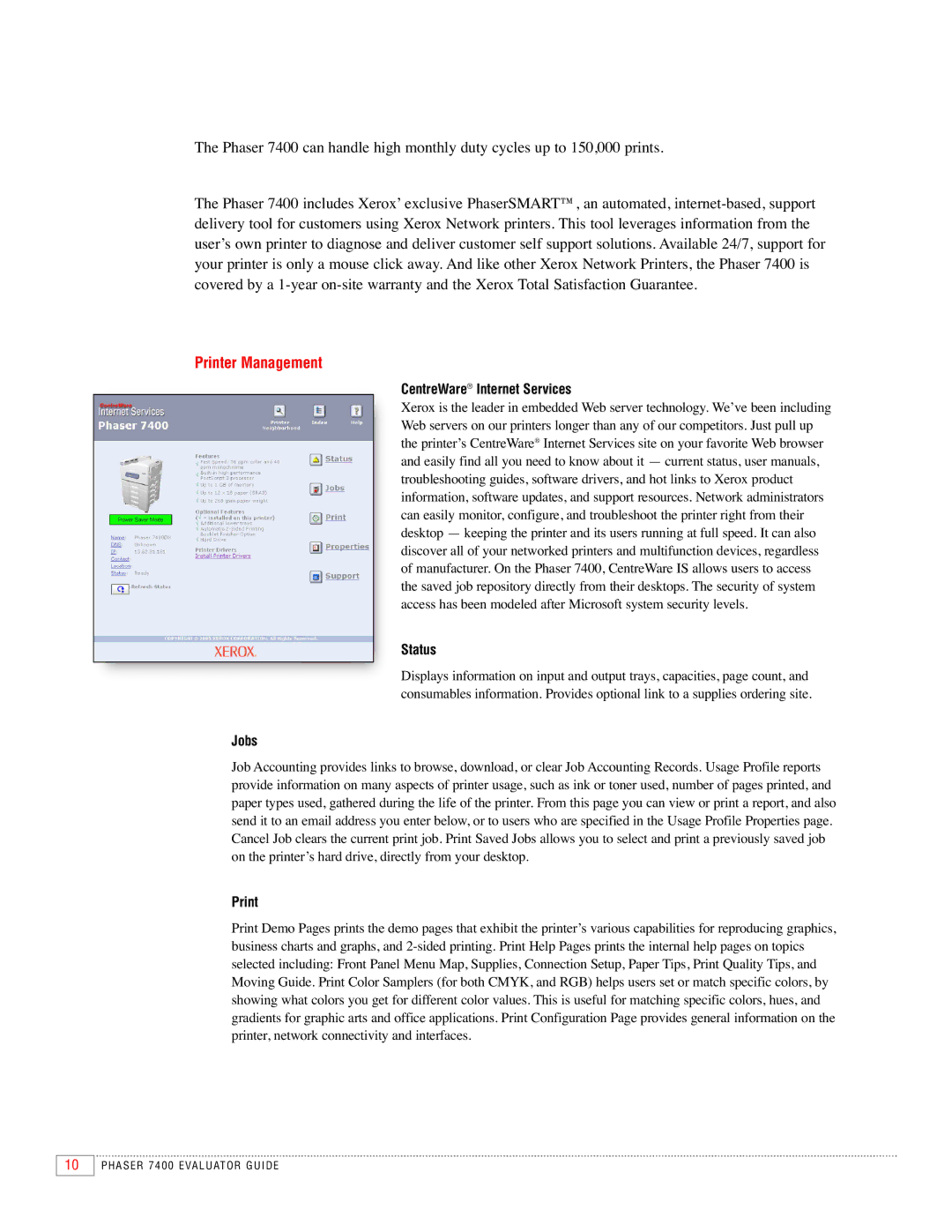 Xerox 7400 manual Printer Management, CentreWare Internet Services Status, Jobs 