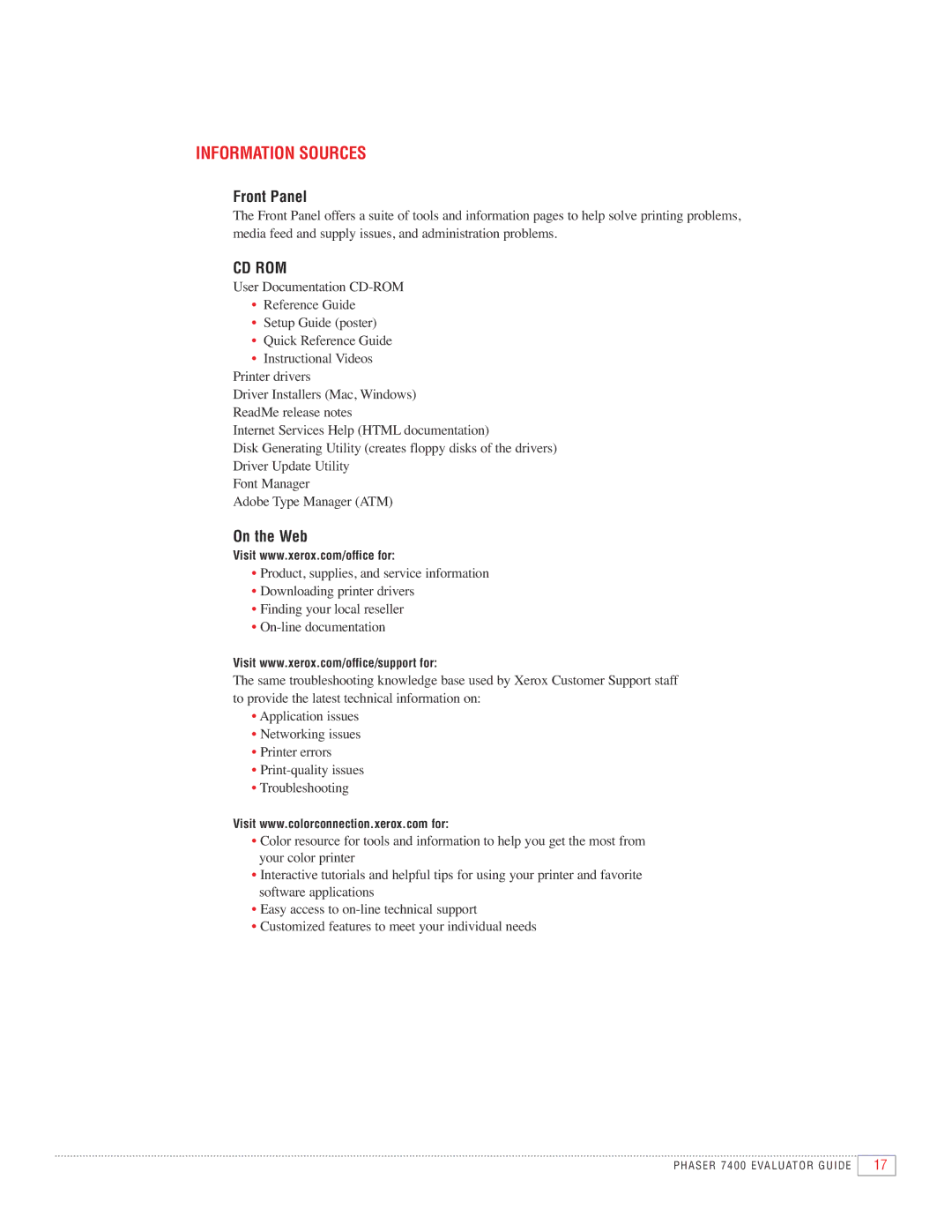 Xerox 7400 manual Information Sources, Front Panel 