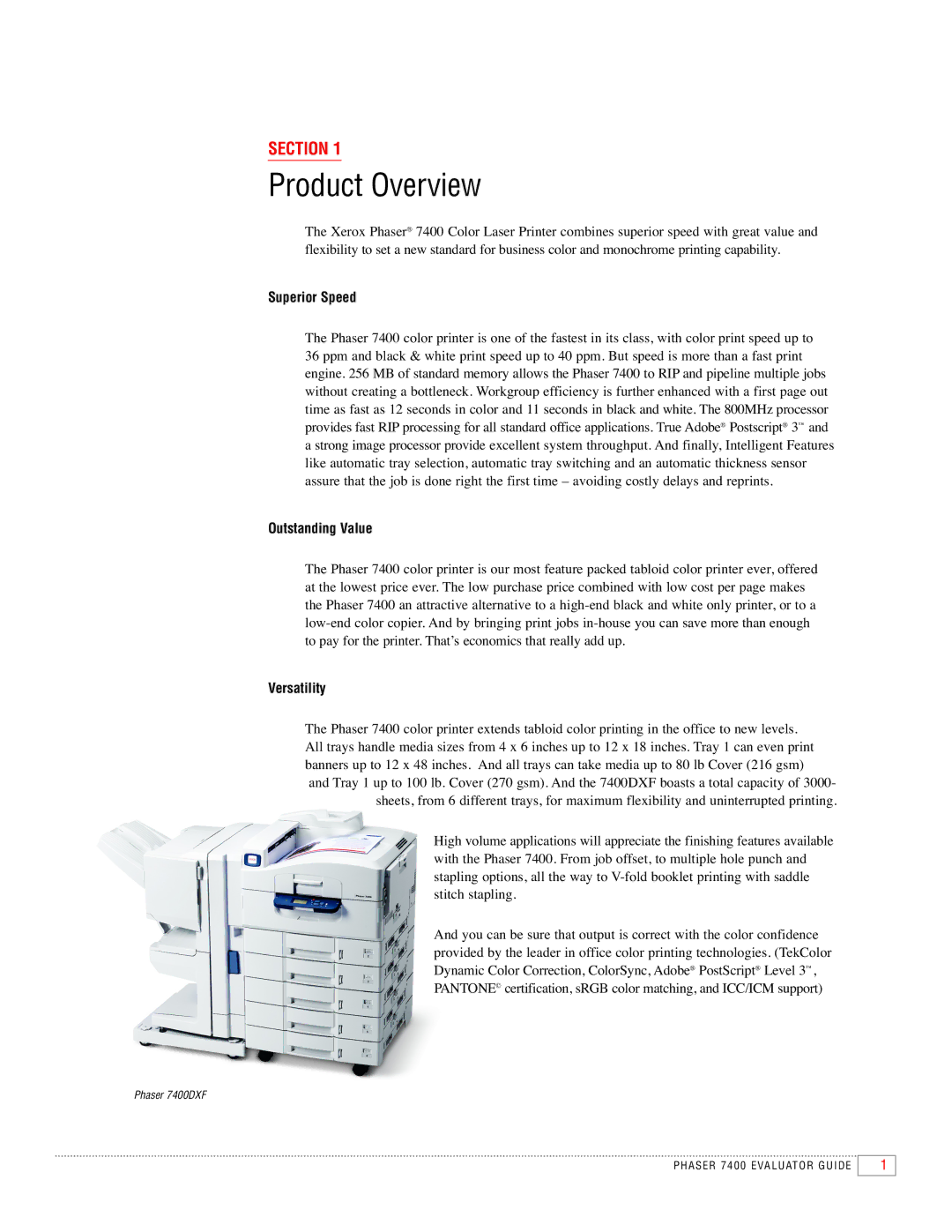 Xerox 7400 manual Section, Superior Speed, Outstanding Value, Versatility 