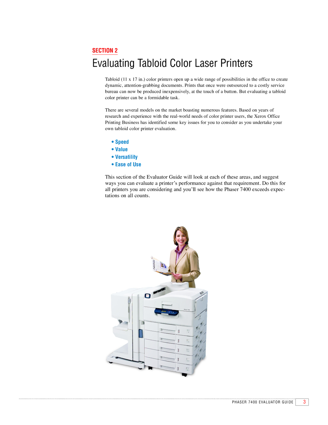 Xerox 7400 manual Evaluating Tabloid Color Laser Printers 