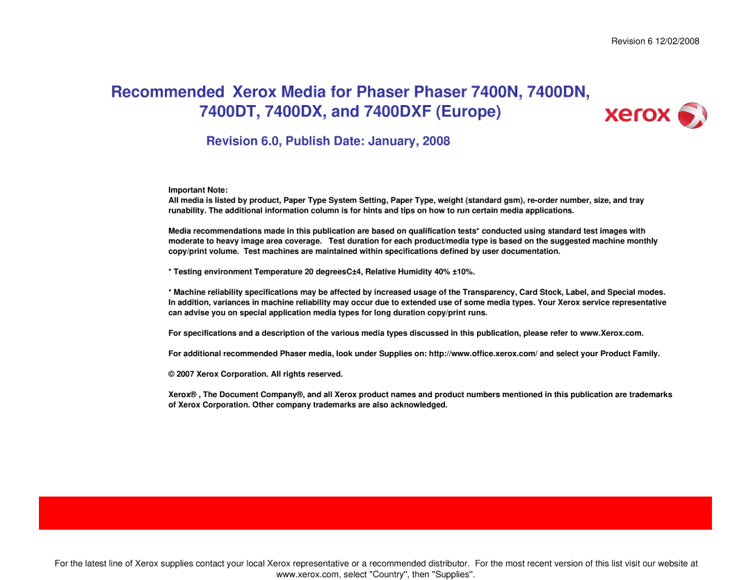 Xerox 7400DT, 7400DN, 7400DXF, 7400N specifications Revision 6.0, Publish Date January 