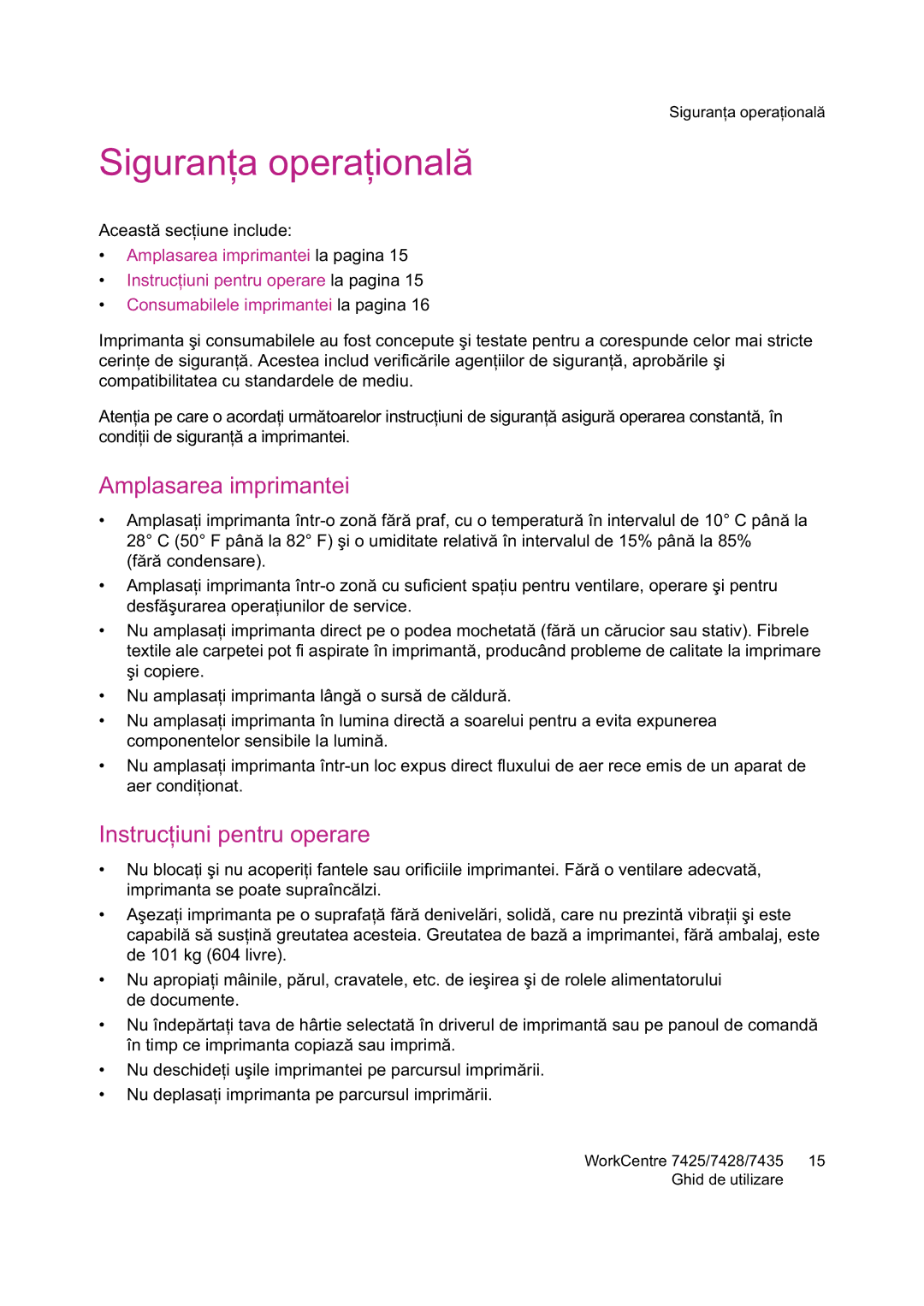 Xerox 7425 manual Amplasarea imprimantei, Instruc 