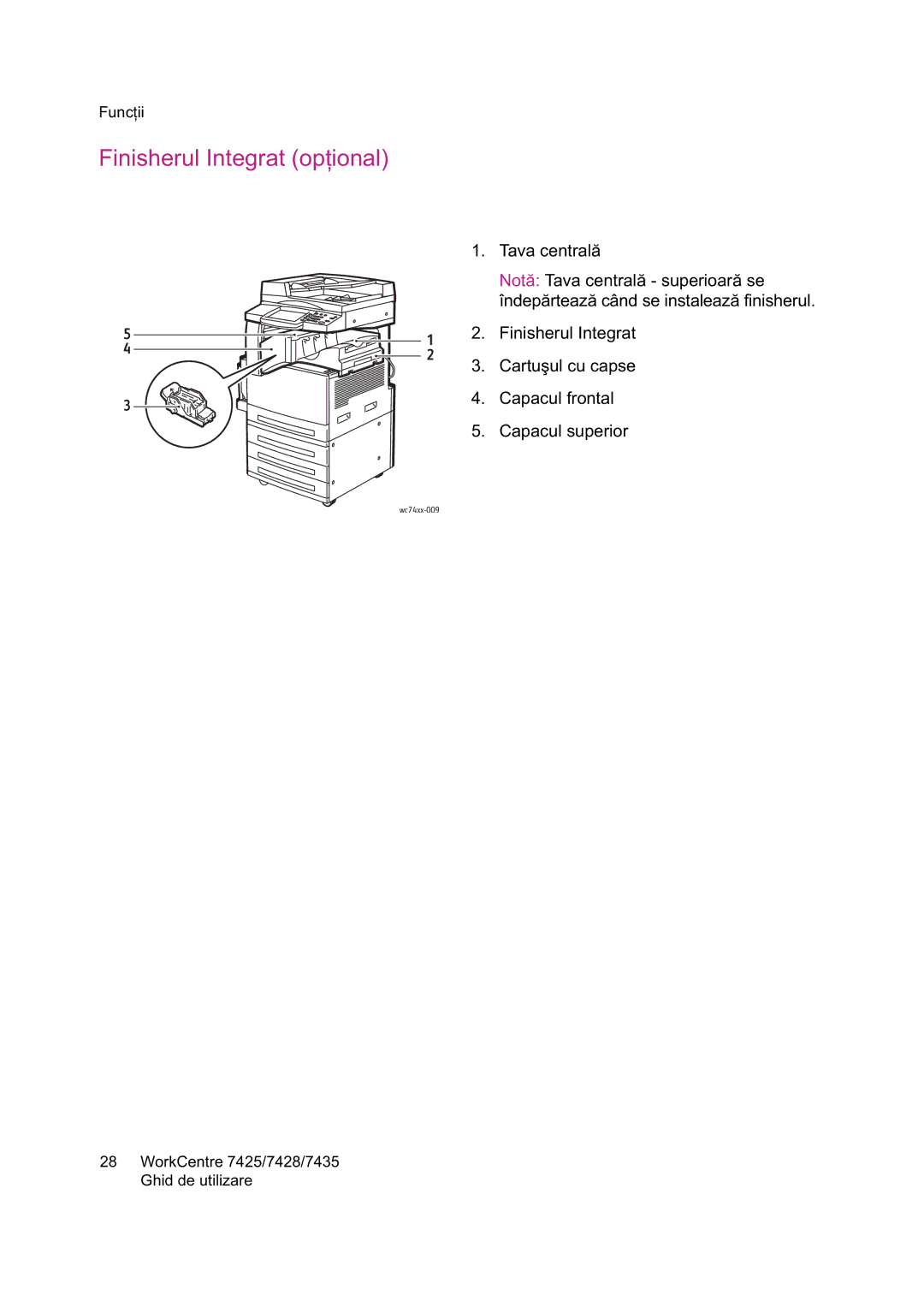 Xerox 7425 manual Finisherul Integrat op 