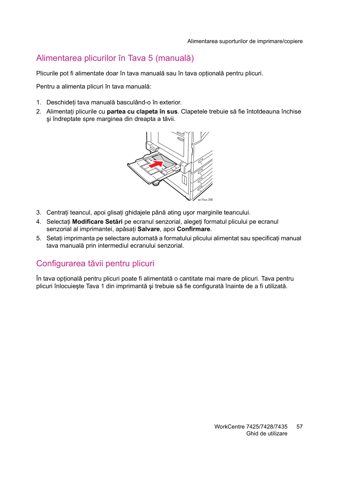 Xerox 7425 Alimentarea plicurilor în Tava 5 manual, Configurarea t 