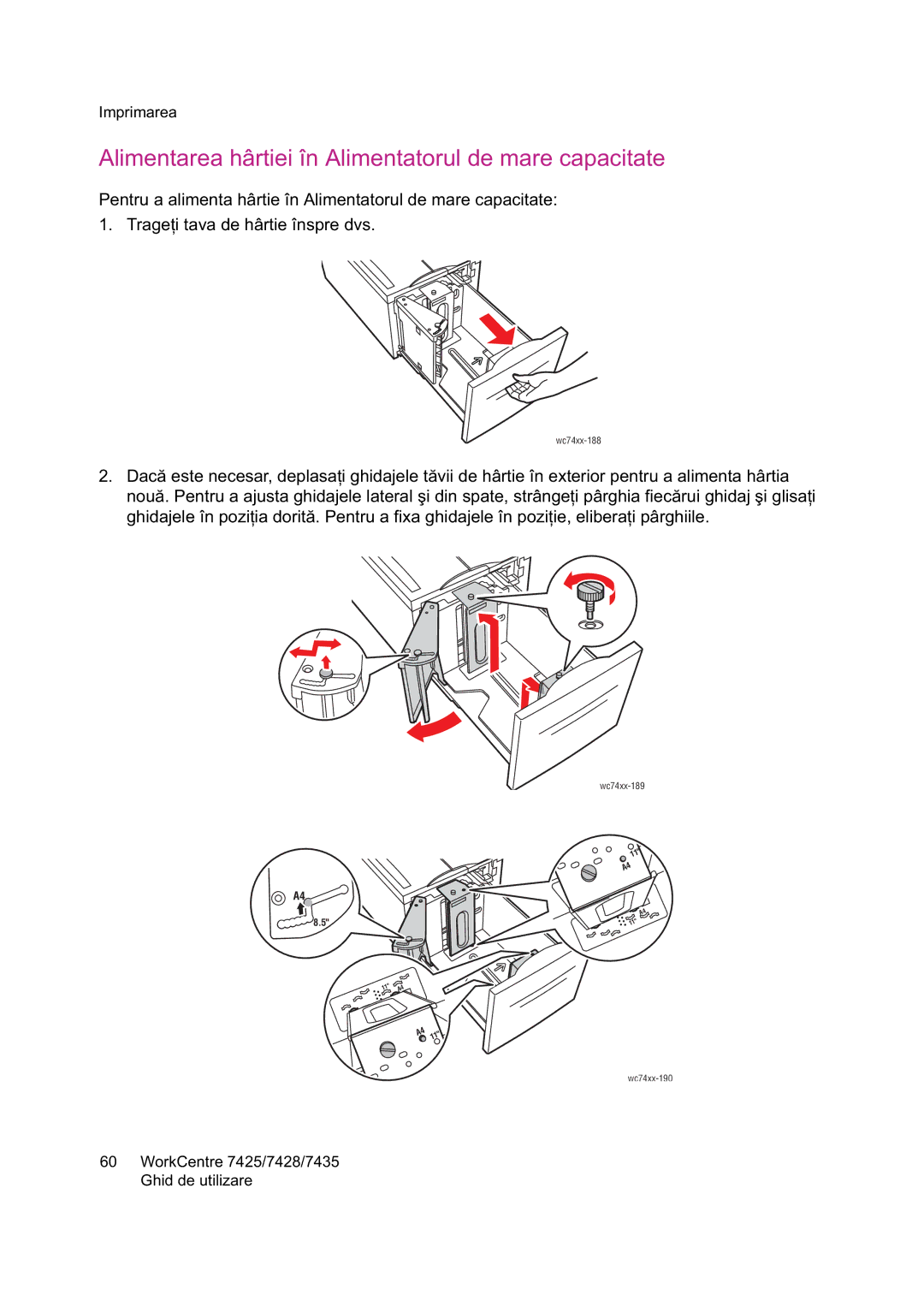 Xerox 7425 manual Alimentarea hârtiei în Alimentatorul de mare capacitate 