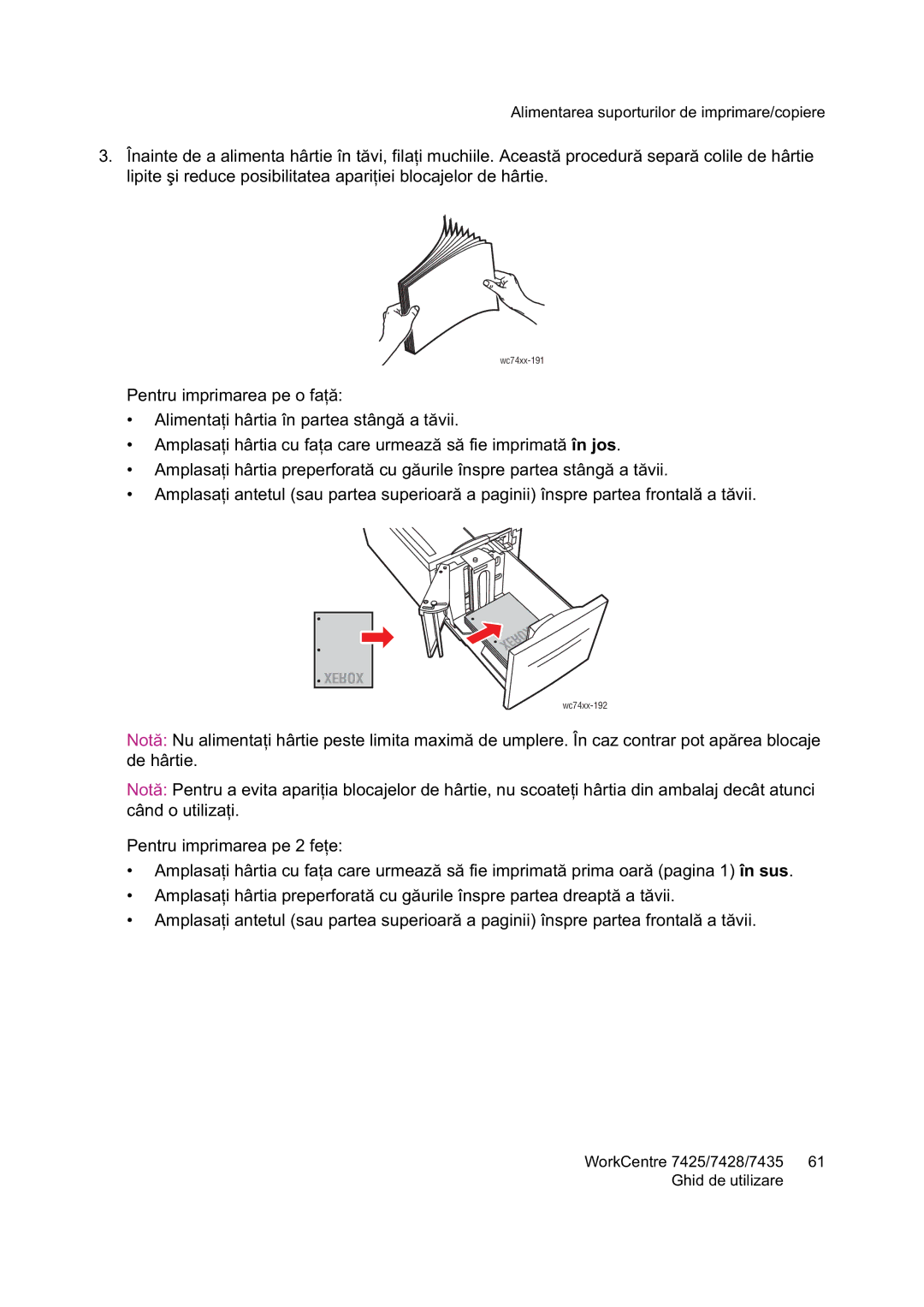 Xerox 7425 manual În jos, În sus 