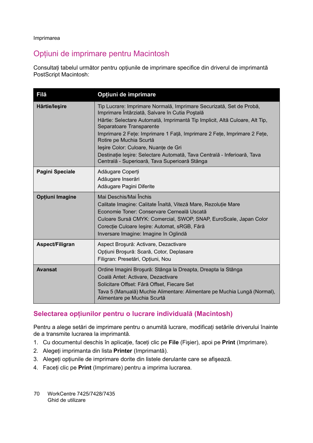 Xerox 7425 manual Selectarea op, File Fi 