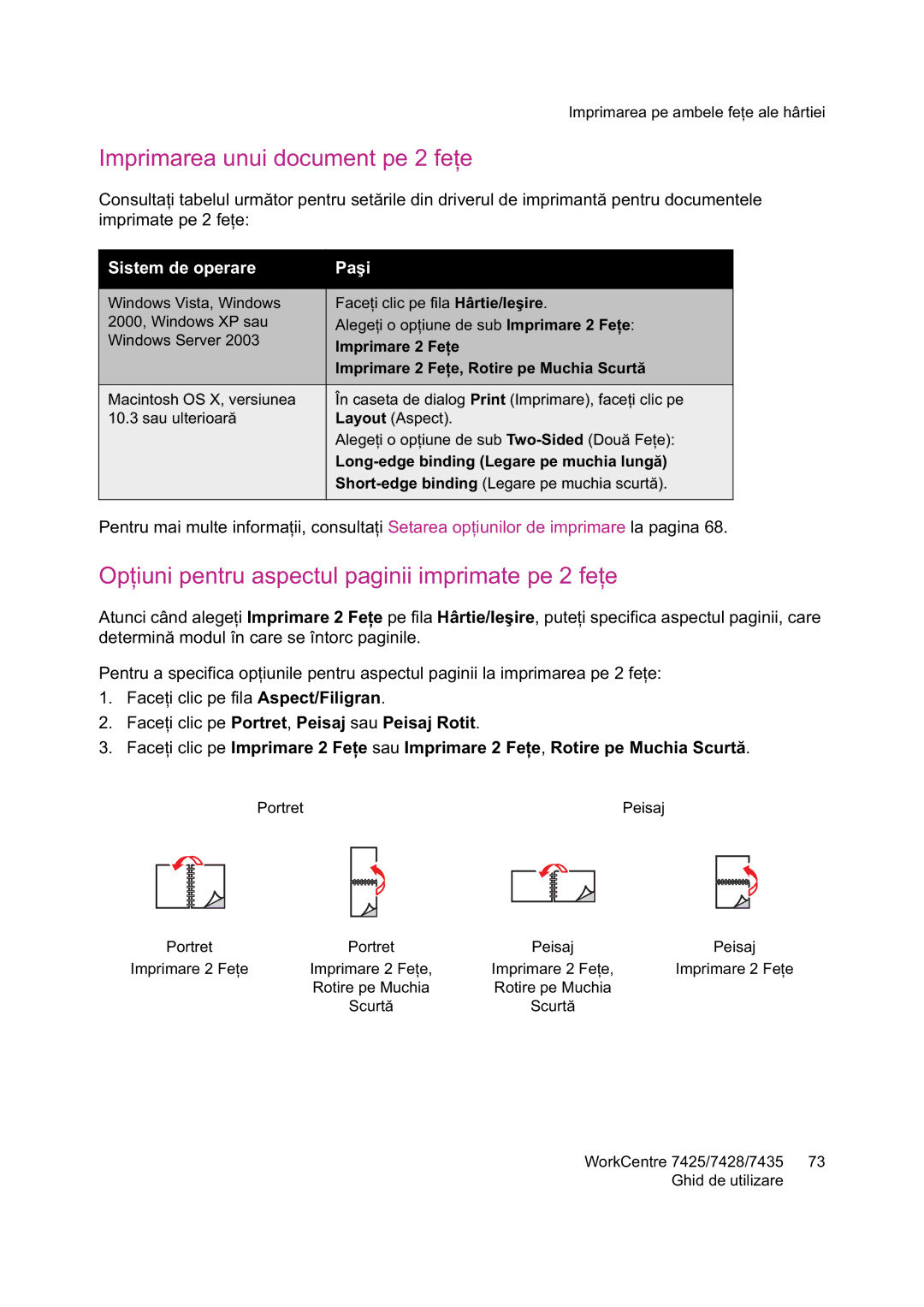 Xerox 7425 manual Imprimarea unui document pe 2 fe, Sistem de operare, Aspect/Filigran, Portret , Peisaj sau Peisaj Rotit 