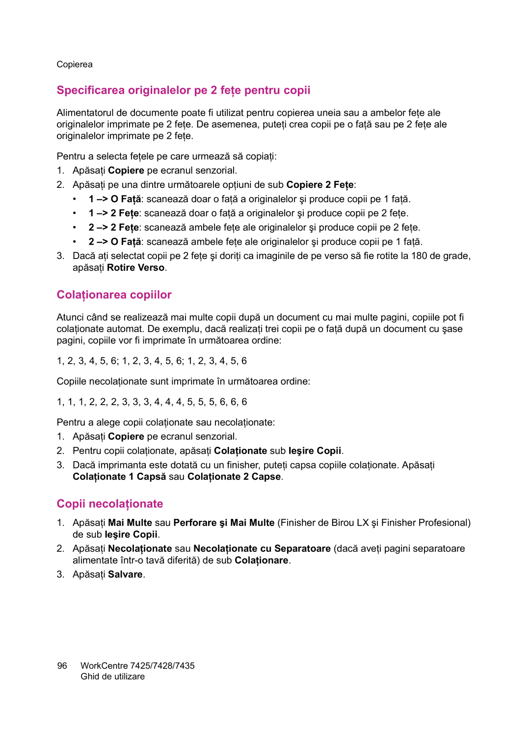 Xerox 7425 manual Specificarea originalelor pe 2 fe, Cola, Copii necola 