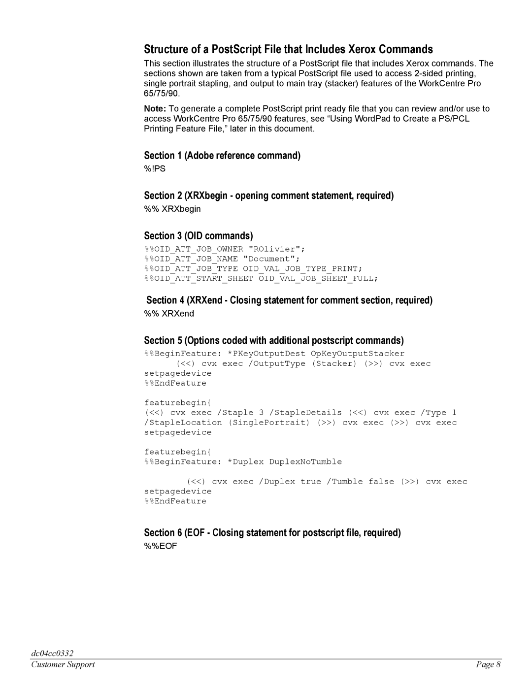 Xerox 65, 75, 90 manual Structure of a PostScript File that Includes Xerox Commands, XRXbegin, XRXend 