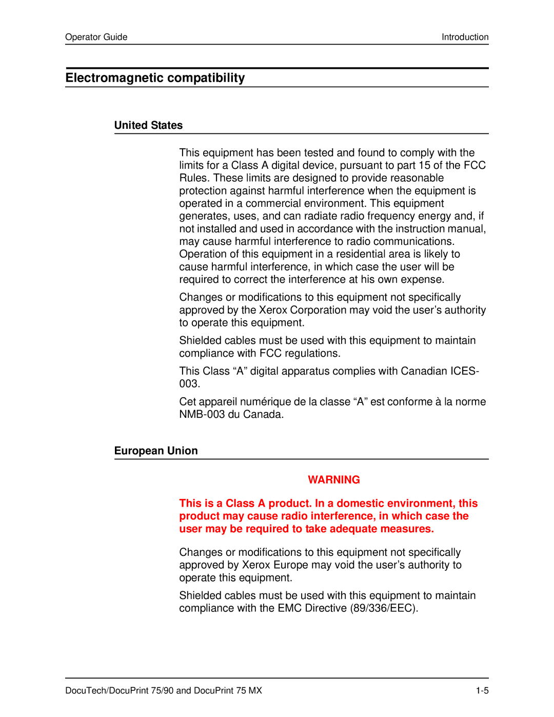 Xerox 75 MX manual Electromagnetic compatibility, United States, European Union 