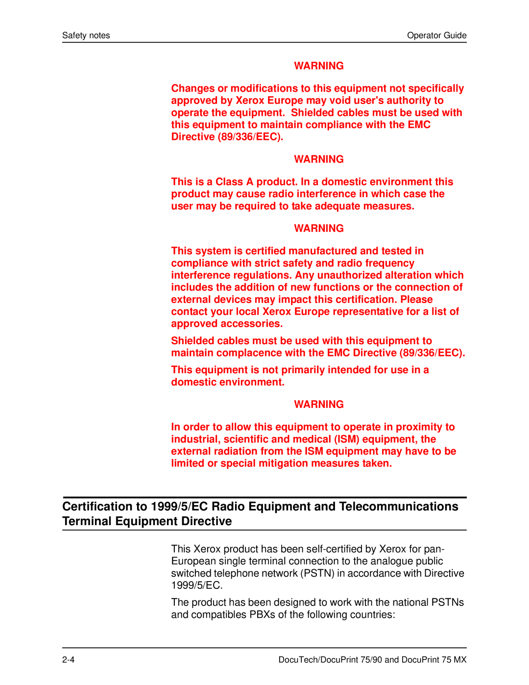 Xerox 75 MX manual Safety notes Operator Guide 