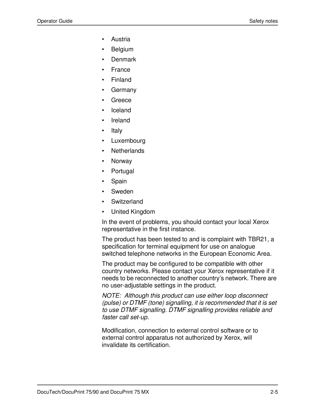 Xerox 75 MX manual Operator Guide Safety notes 