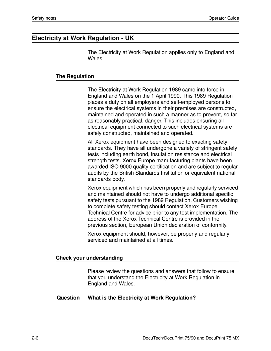 Xerox 75 MX manual Electricity at Work Regulation UK, Check your understanding 