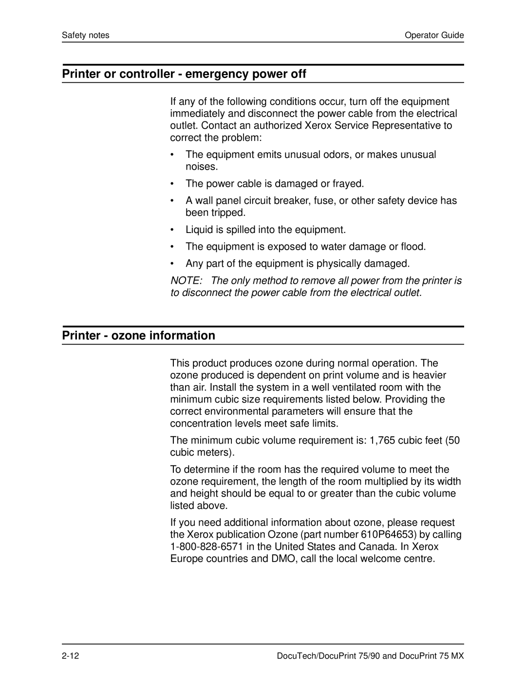 Xerox 75 MX manual Printer or controller emergency power off, Printer ozone information 