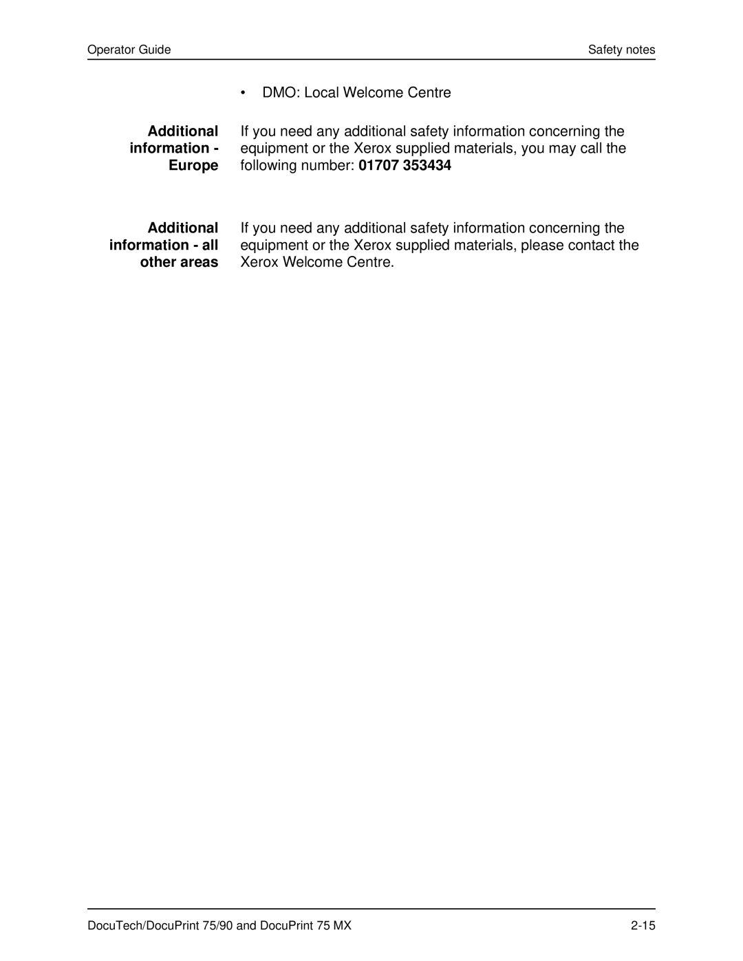 Xerox 75 MX manual Europe following number 01707 