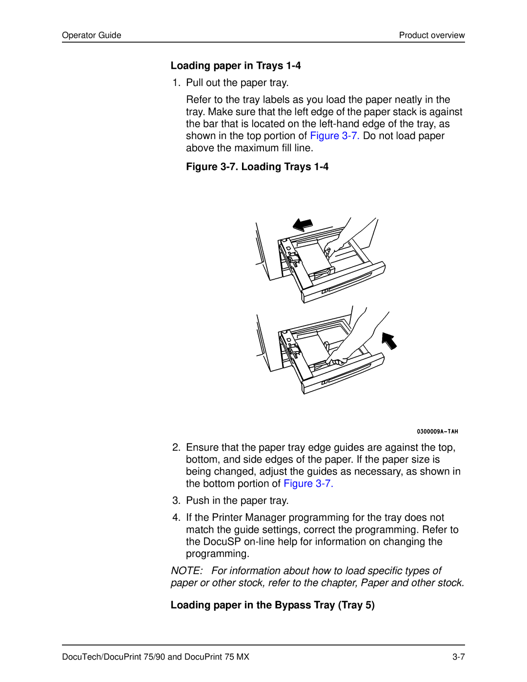 Xerox 75 MX manual Loading paper in Trays, Loading paper in the Bypass Tray Tray 