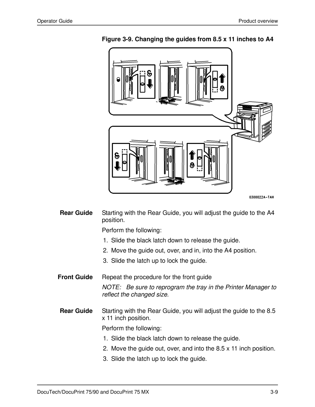 Xerox 75 MX manual Changing the guides from 8.5 x 11 inches to A4 