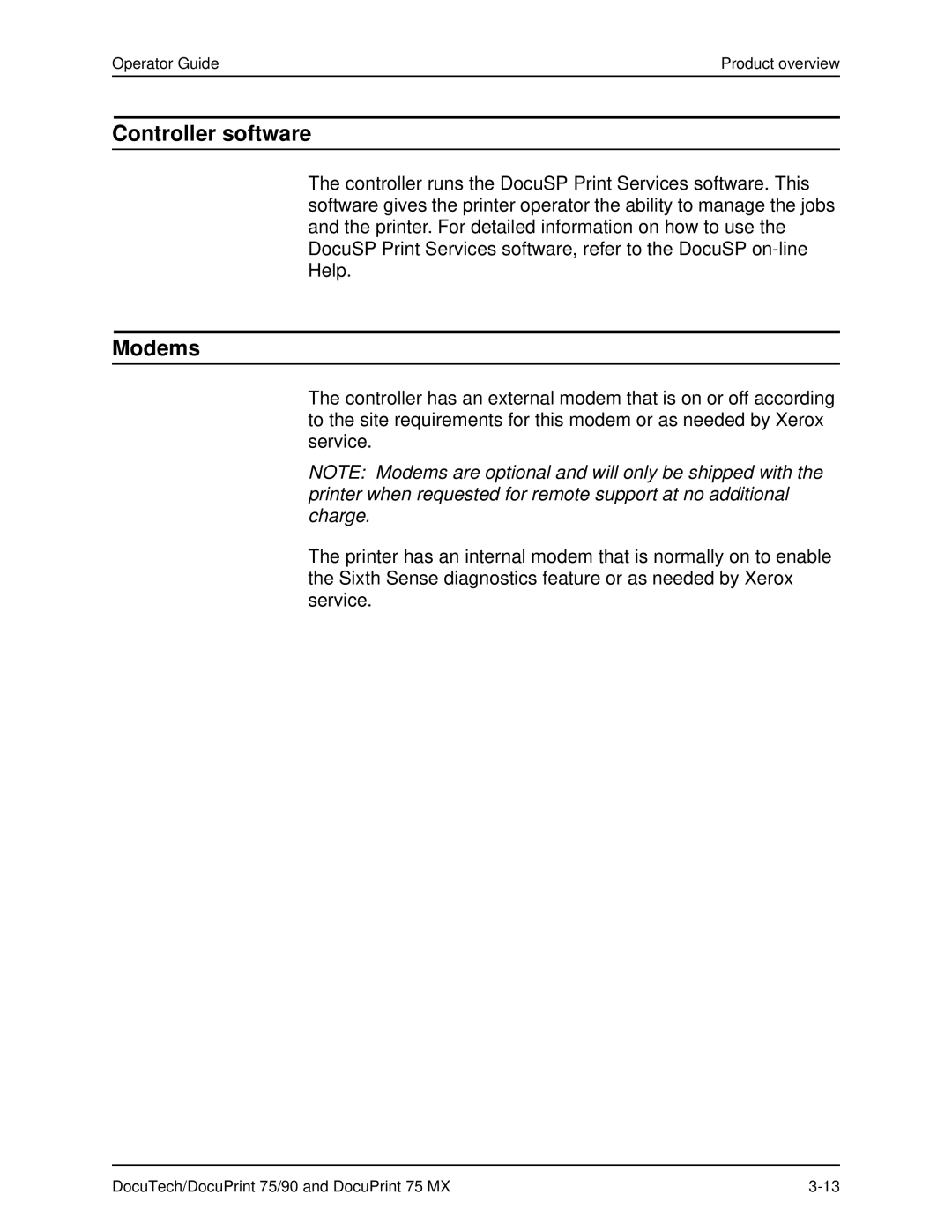 Xerox 75 MX manual Controller software, Modems 