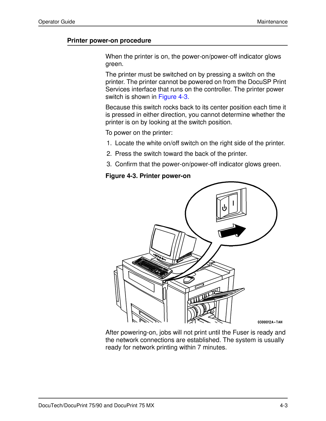 Xerox 75 MX manual Printer power-on procedure 