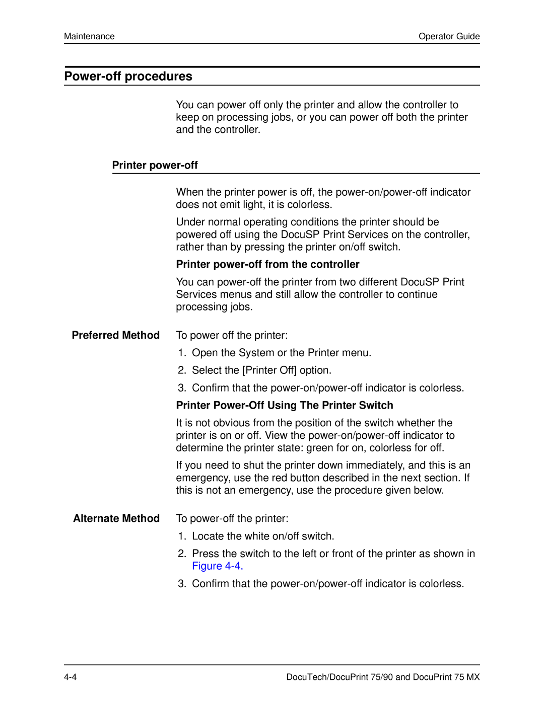 Xerox 75 MX Power-off procedures, Printer power-off from the controller, Printer Power-Off Using The Printer Switch 