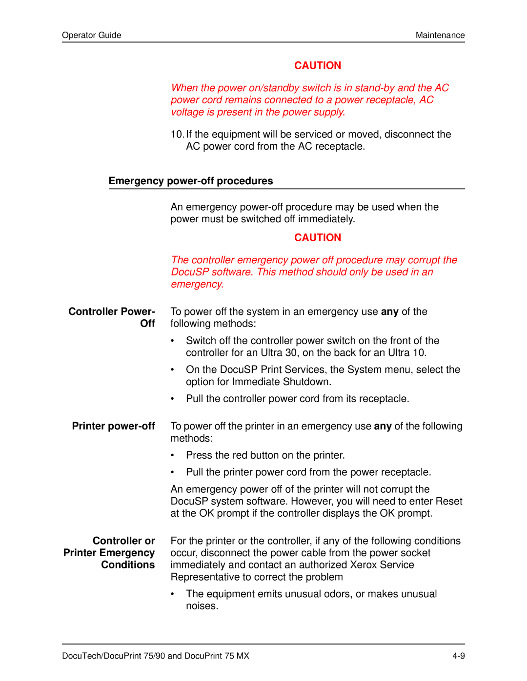 Xerox 75 MX manual Emergency power-off procedures 