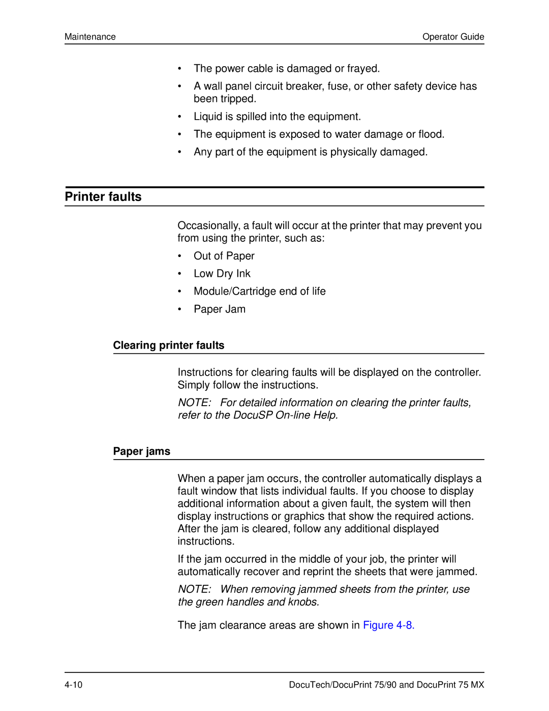 Xerox 75 MX manual Printer faults, Clearing printer faults, Paper jams 