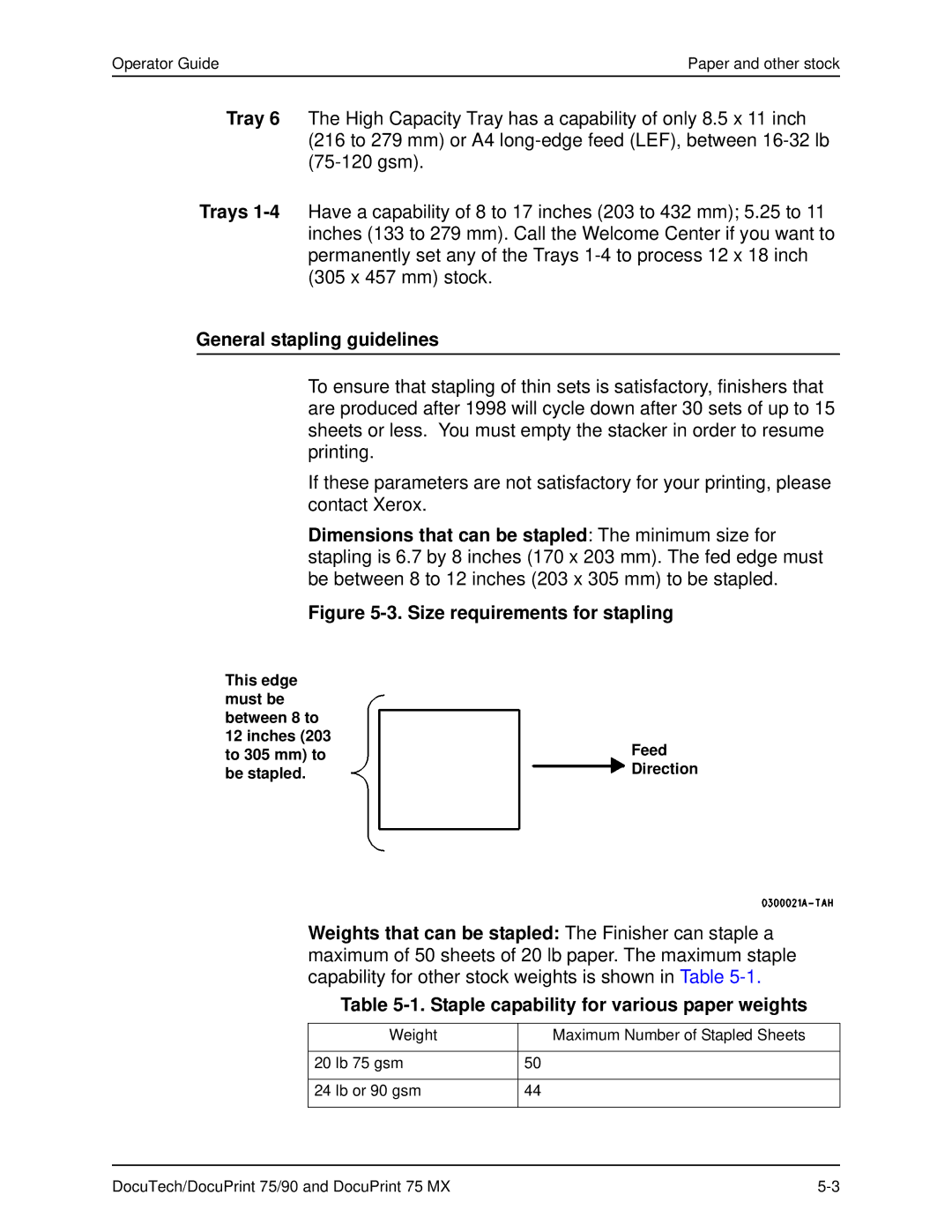 Xerox 75 MX manual General stapling guidelines, Staple capability for various paper weights 