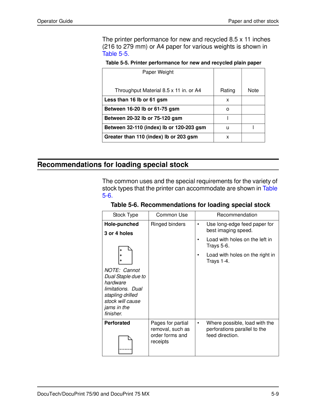 Xerox 75 MX manual Recommendations for loading special stock, Hole-punched, Or 4 holes, Perforated 