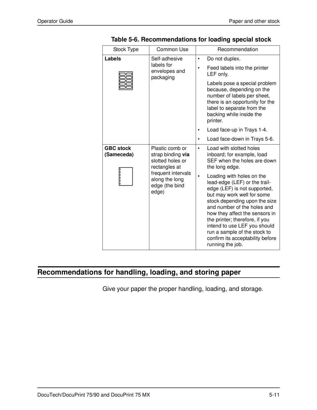 Xerox 75 MX manual Recommendations for handling, loading, and storing paper, GBC stock, Sameceda 