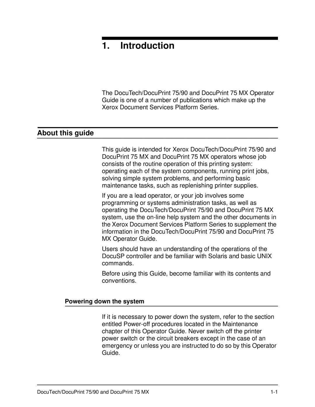 Xerox 75 MX manual About this guide, Powering down the system 