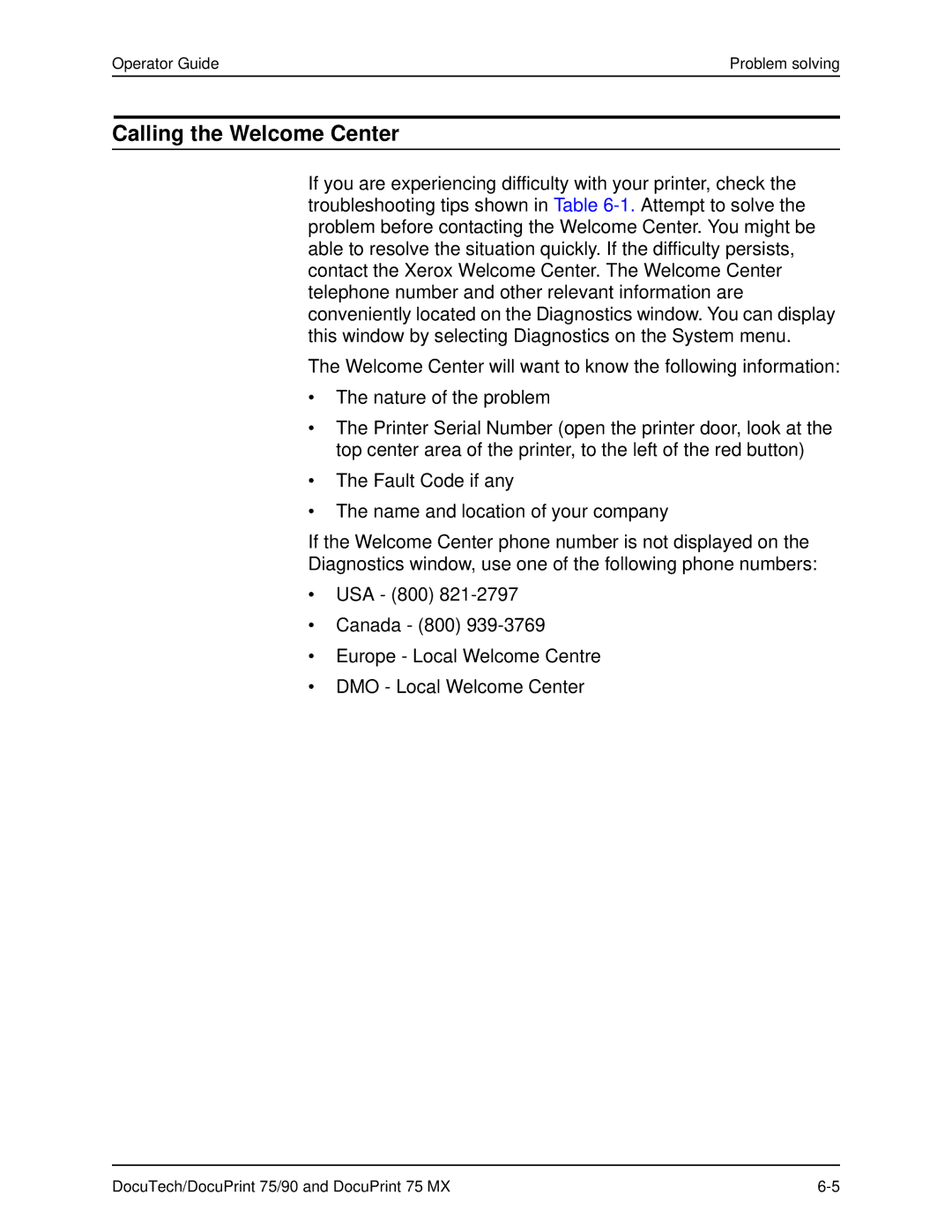 Xerox 75 MX manual Calling the Welcome Center 