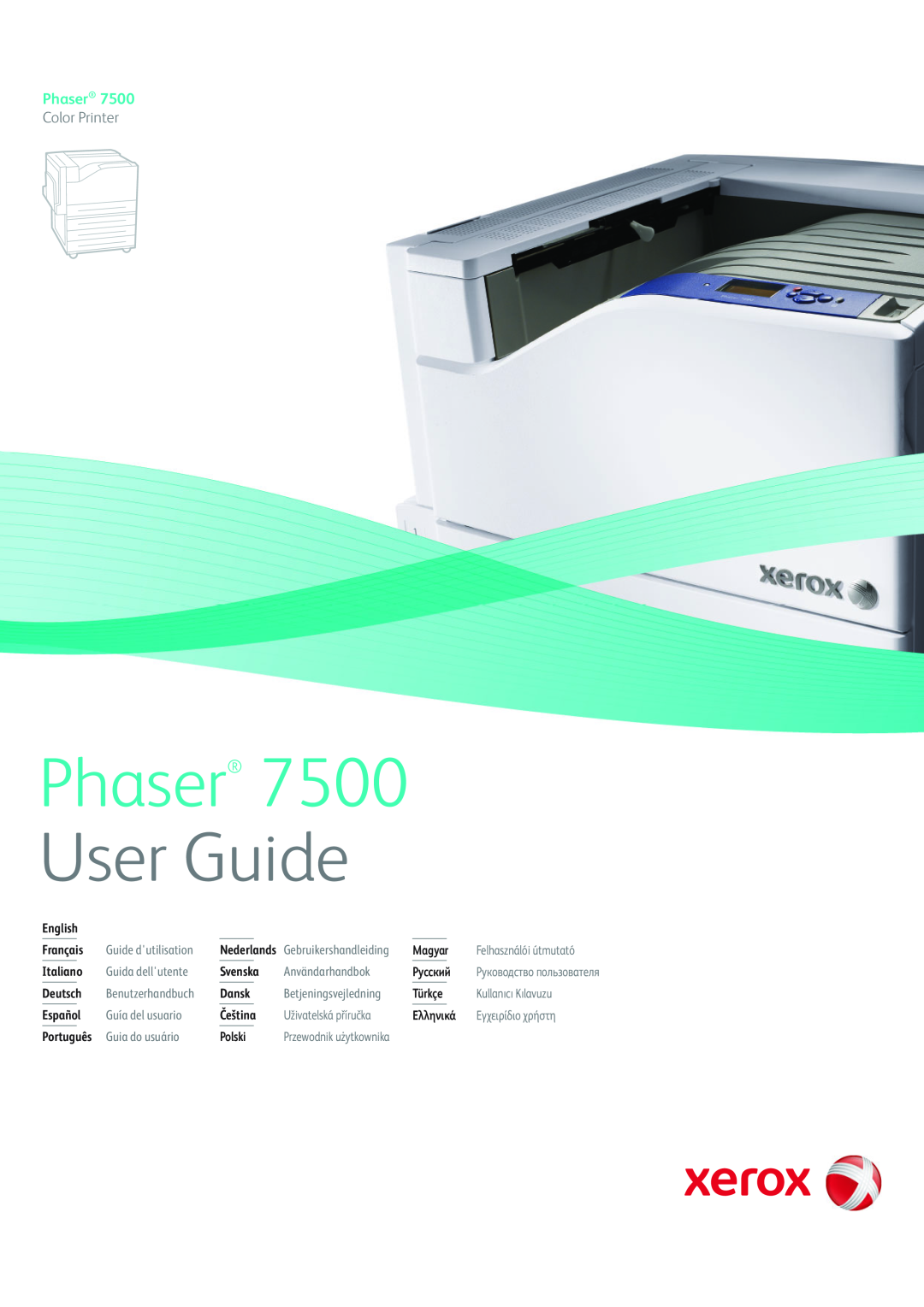 Xerox 7500 color printer manual Phaser, User Guide, Color Printer, English, Français, Magyar, Italiano, Svenska, Русский 