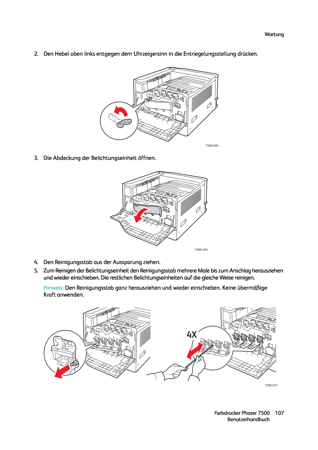 Xerox 7500 color printer manual Die Abdeckung der Belichtungseinheit öffnen 