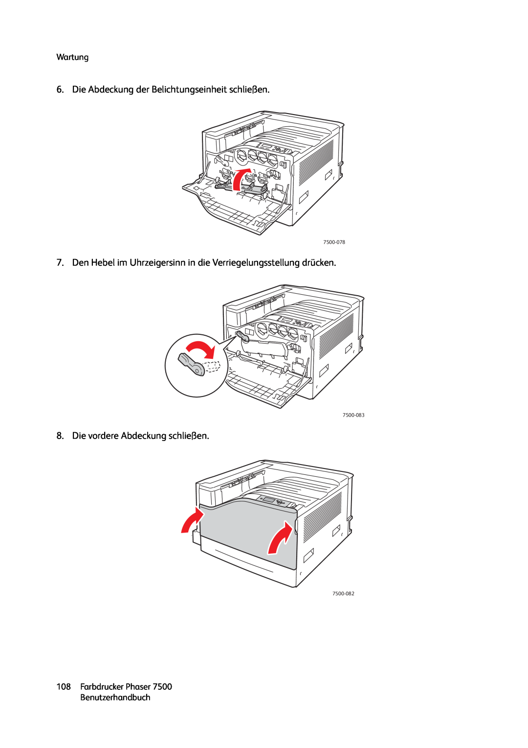 Xerox 7500 color printer manual Die Abdeckung der Belichtungseinheit schließen, Die vordere Abdeckung schließen, Wartung 