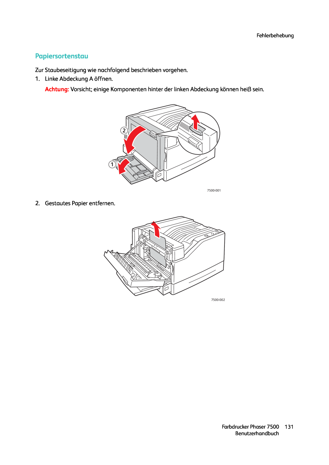 Xerox 7500 color printer manual Papiersortenstau, Fehlerbehebung, Benutzerhandbuch, 7500-001, 7500-002 